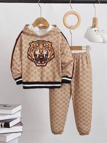 SHEIN Conjunto de Moletom com Capuz e Estampa de Tigre e Calça Casual Correspondente para Menino, Adequado para o Outono e Inverno - Multicolorido - Visão 3