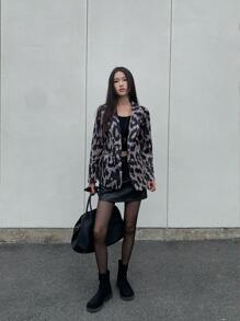 INAWLY Women's Autumn Winter Leopard Print Lapel Neck Long Sleeve Single-Breasted Casual Jacket