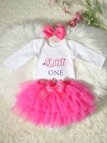 SHEIN Newborn Girl Photography Props Baby Girl Coming Home Outfit 1 Month Baby Girl Romper Props With TUTU Skirt And Bow Headband Newborn Shower Gift - Hot Pink - View 6