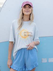 Aralina 女士口号印花圆领落肩宽松休闲 T 恤 - 灰色 - 查看 5