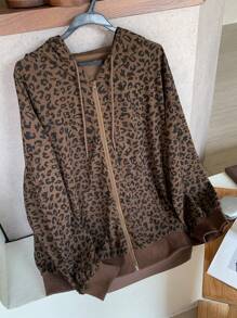 Dazy Plus Plus Size Women Casual Leopard Print Drawstring Hooded Loose Front Zip Up Sweatshirt, Autumn,Fall Women Clothes Jacket