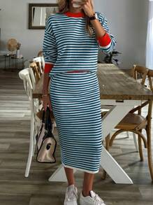 SHEIN LUNE 女士条纹圆领落肩长袖针织衫+针织裙套装（2件套），秋冬季 - 彩色 - 查看 1