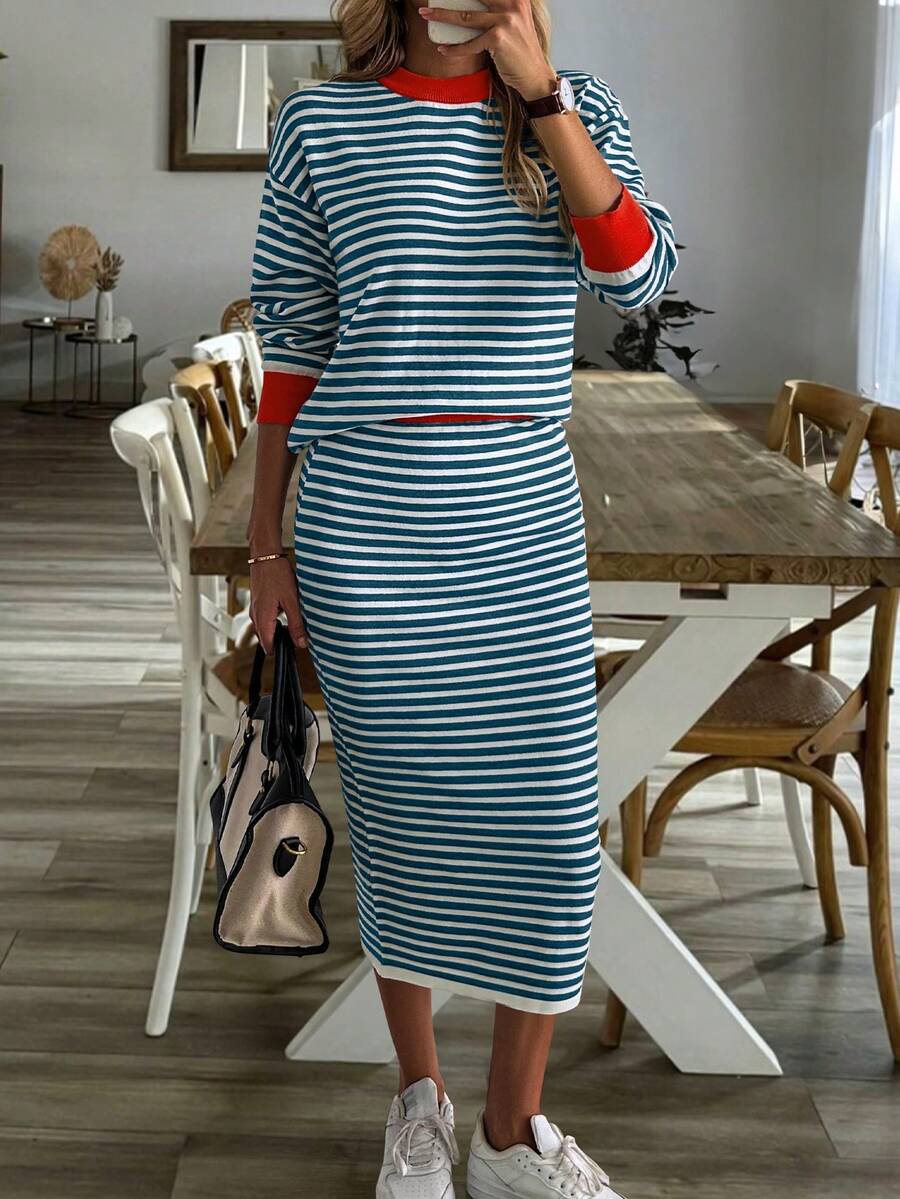 SHEIN LUNE 女士条纹圆领落肩长袖针织衫+针织裙套装（2件套），秋冬季 - 彩色 - 查看 1