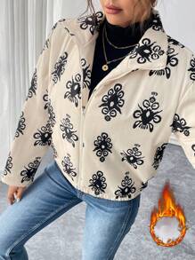 SHEIN Unity Women's Casual All-Over Print High Collar Oblique Pocket Zipper Front Hooded Sweatshirt, Winter Clothes Thermal Jacket Coat Fall Cloth For Women - Apricot - View 7