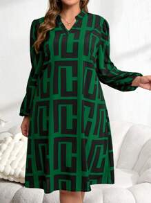 EMERY ROSE 大码女式几何印花 V 领灯笼袖休闲连衣裙，女士冬装