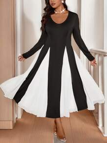 Allurite 大码女式 V 领拼色长袖优雅连衣裙，秋季 - 黑與白 - 查看 1
