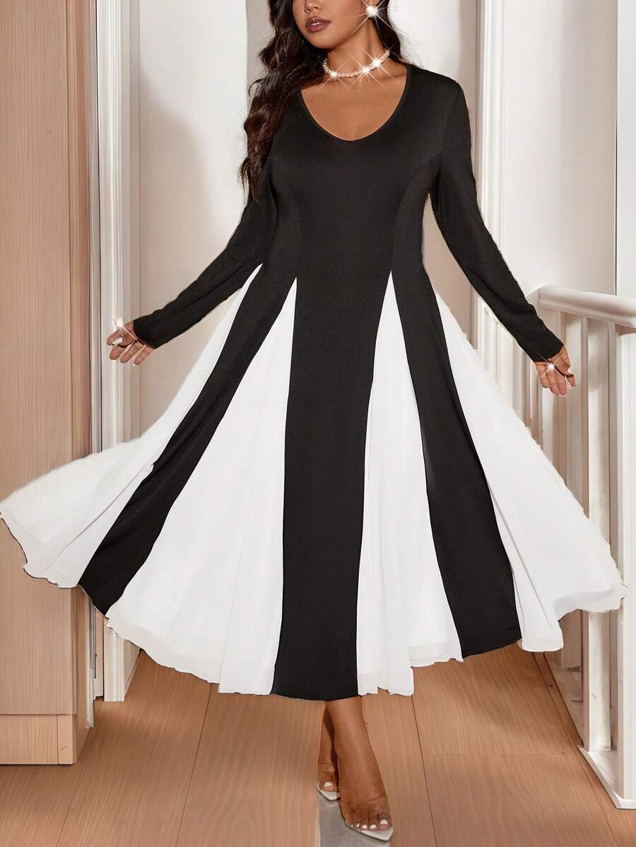 Allurite 大码女式 V 领拼色长袖优雅连衣裙，秋季 - 黑與白 - 查看 1