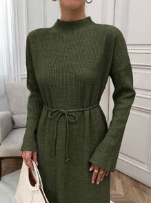 EURMUSE Long Sleeve Stand Collar Belted Solid Color Sweater Dress Office Olive Green Autumn Modest Elegant - Dark Green - View 6