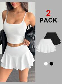 SHEIN PETITE 女士夏季荷叶边下摆短裙套装 - 彩色 - 查看 9