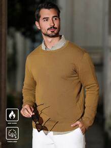 Manfinity Homme 男士纯色圆领长袖简约毛衣，休闲日常穿着 - 薑色 - 查看 4