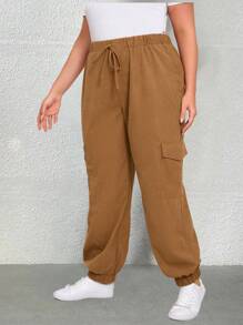 Calvaya Plus Size Women Solid Color Waist Tie Cargo Pocket Pants - Brown - View 4