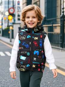 SHEIN Jonge jongens videogame grafische print capuchon rits jas, met gewatteerde voering voor warmte, zachte en comfortabele stof, geschikt voor casual, school, feest en buitenkleding
