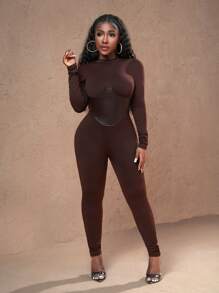 Slaydiva 秋冬新款休闲街头小立领长袖PU假腰带设计棕色针织面料配PU裤女紧身连体裤-T - 棕色 - 查看 7