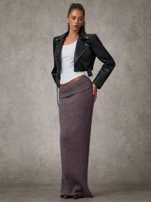 SHEIN BAE 女士纯色罗纹针织休闲裙秋季女式毛衣女式毛衣裙秋季女装冬季服装万圣节毛衣灰色翻腰毛衣长裙