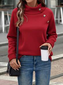 SHEIN LUNE 立领纽扣细节插肩袖卫衣保暖 - 酒紅色 - 查看 7