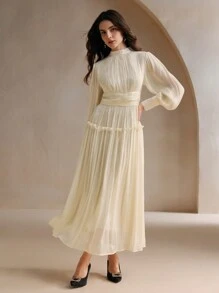 Anewsta Unique Shiny Fabric Puff Sleeve Waist Splice Long High Waist Dress', Christmas - Champagne - View 6