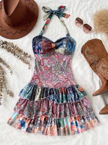 Soleia 度假女士复古秋季彩色印花吊带背心荷叶边分层迷你连衣裙，可内穿或外穿 - 彩色 - 查看 7