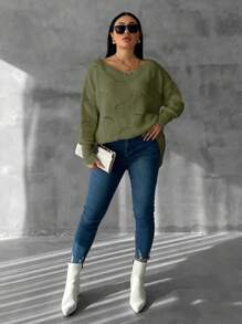 EURMUSE Plus Size Women Casual Solid Color V-Neck Drop Shoulder Loose Pointelle Knit Pullover Sweater - Green - View 4