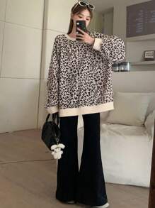 DAZY Women Leopard Print Ribbed Crew Neck Loose Sweatshirt - Apricot - View 6