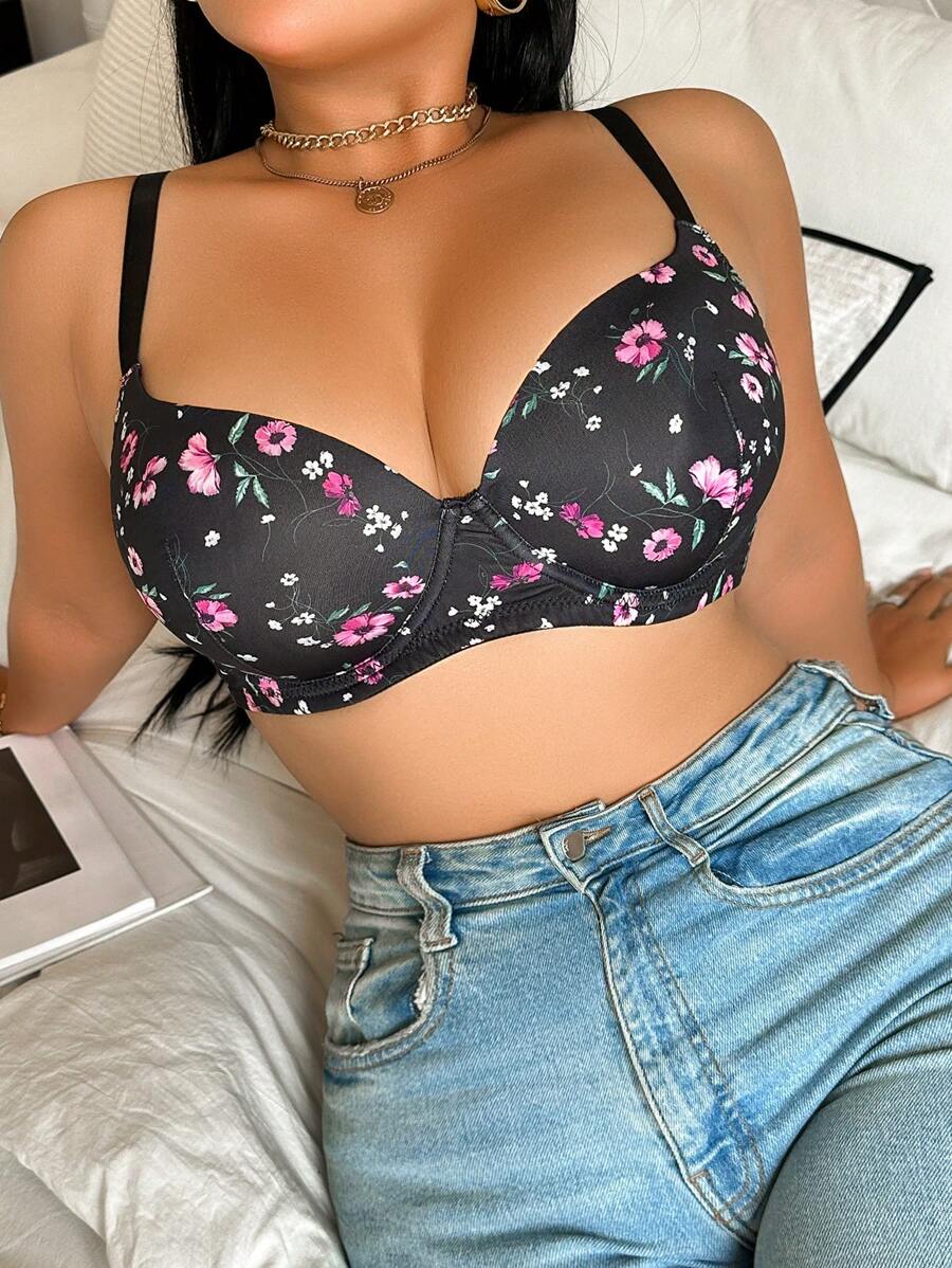 Plus Size Women Floral Print Supportive Underwire Lingerie Bra - Black - View 1