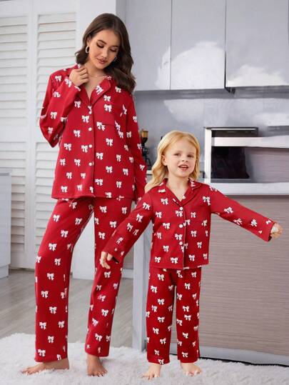 Young Girls Pajamas Set - 2pcs Long Sleeve Shirt With Collar & Ruffle Bow Decor And Long Pants, Casual And Comfortable Sleepwear Christmas Pajamas Set, Mommy And Me Matching Outfits (3 Sets Sold Separately)