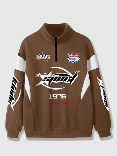 Grunge Punk Sudadera casual de hombre con cuello alto, media cremallera y estampado de letras de color contrastante, para otoño