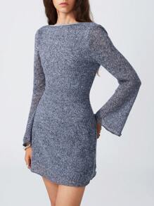 LYSMO 1pc Fashionable Fluffy Mini Back Cutout Dress, Autumn - Grey - View 5