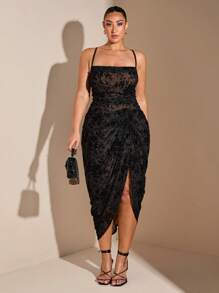 SHEIN BAE Plus Size Women's Elegant Flocking Graceful Midi Pleated Dress Suitable For Daily Date,Valentine's Day, Lace, Minimalism,Women Party Wear,Occasion Dress, Fall,Tulle Dress,Curve,Elegant, Cocktail Dress, Party, Night Out, Pleated, Slit, Sexy, Suspender Dress, Birthday Party, Holiday,Long Skirt,Afternoon Tea, Evening Dress, For Winter,Party Dress - Black - View 4