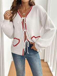 SHEIN Frenchy Women's Color Block Heart Tie Front Cardigan, Suitable For Autumn Winter Casual