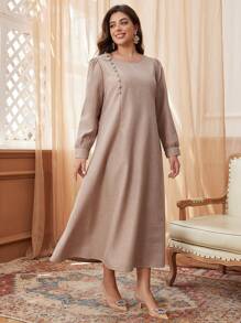 Al Najma 优雅圆领纯色加大码连衣裙长款女装 - 棕色 - 查看 6