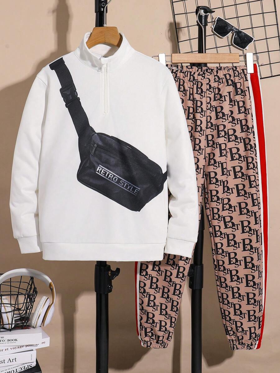 2 件/套青少年男童休闲日常印花立领半拉链长袖宽松运动衫和宽松针织裤套装，适合通勤、上学、休闲、度假、运动、春夏秋冬 - 彩色 - 查看 1