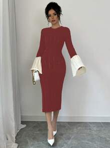 Elenzga Gaun Sweater Wanita Lengan Lebar Warna Kontras, Pakaian Musim Gugur untuk Wanita - Burgundy - View 3