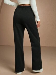SHEIN Tall 素色抽繩口袋休閒直筒運動長褲，適合高個女款 - 深灰色 - 查看 2