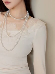 EastFlair 女士花朵与网眼撞色长袖上衣，秋冬款 - 杏色 - 查看 5