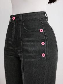 SHEIN LUNE 女士纯色前扣直筒牛仔裤 - 藍色 - 查看 6