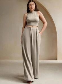 Anewsta Quần dài công sở nữ thời trang thanh lịch cỡ lớn màu be - Màu be - Xem 4