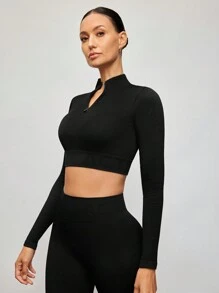 Activina Women Solid Color Seamless Zip-Up Long Sleeve Sports Cropped Top - Black - View 5