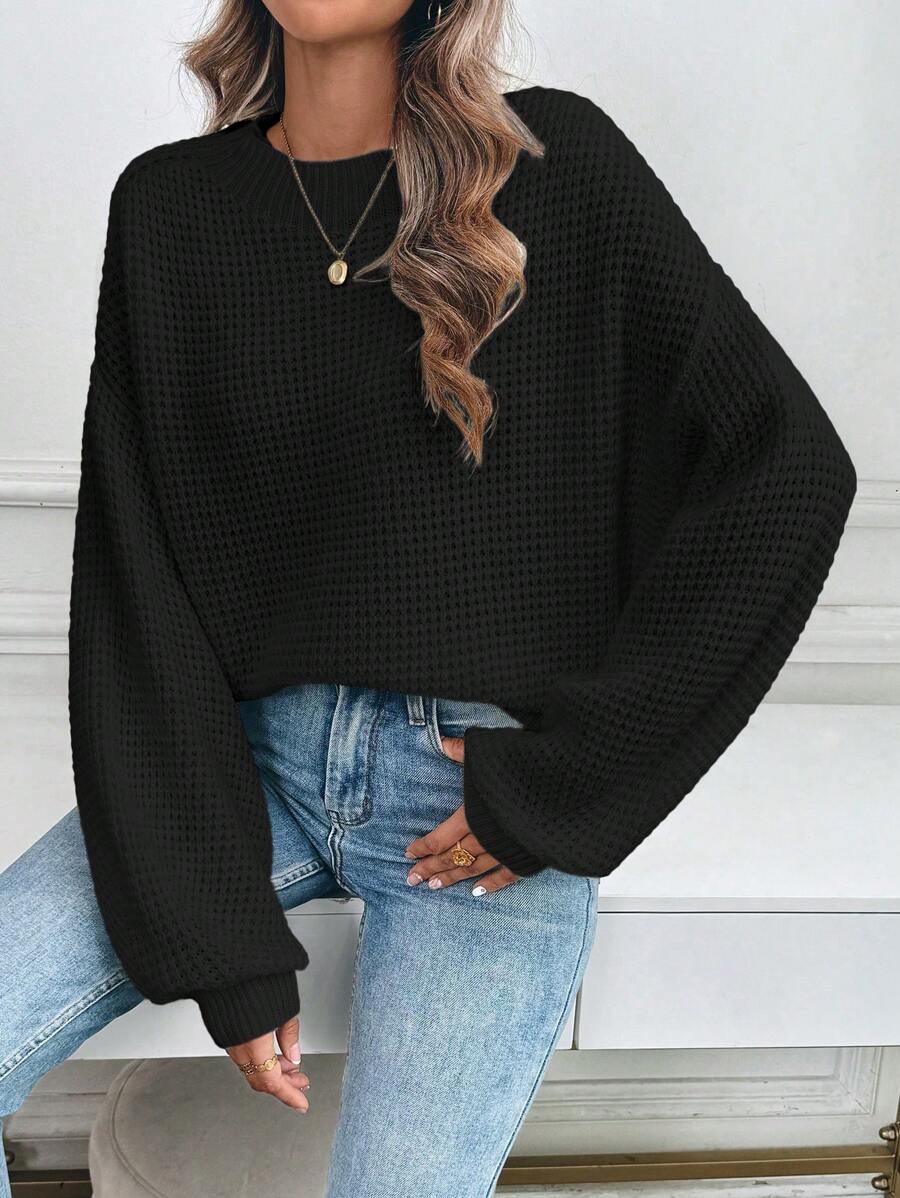SHEIN LUNE Áo len nữ dáng rộng, tối giản, màu trơn, vai rớt, chất liệu dệt kim kiểu waffle, tay dài, thích hợp cho mùa thu đông. - màu đen - Xem 1