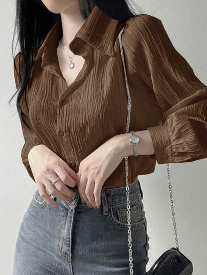 DAZY 女式褶皱纯色翻领宽松衬衫，咖啡棕色，春夏秋装，秋季女装长袖上衣