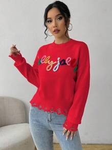 Chiquease Women's Casual Daily Letter Pattern Drop Shoulder Sweater, Autumn Knit Pullover Fall Winter Outfit - Red - View 4