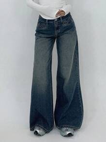 DAZY Dames Voorkant Knoop Lage Taille Flare Leg Jeans Broek, Casual Dagelijkse Kleding