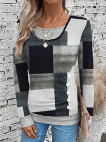 SHEIN LUNE Women Casual Color Block Print 2 In 1 Long Sleeve T-Shirt, Autumn