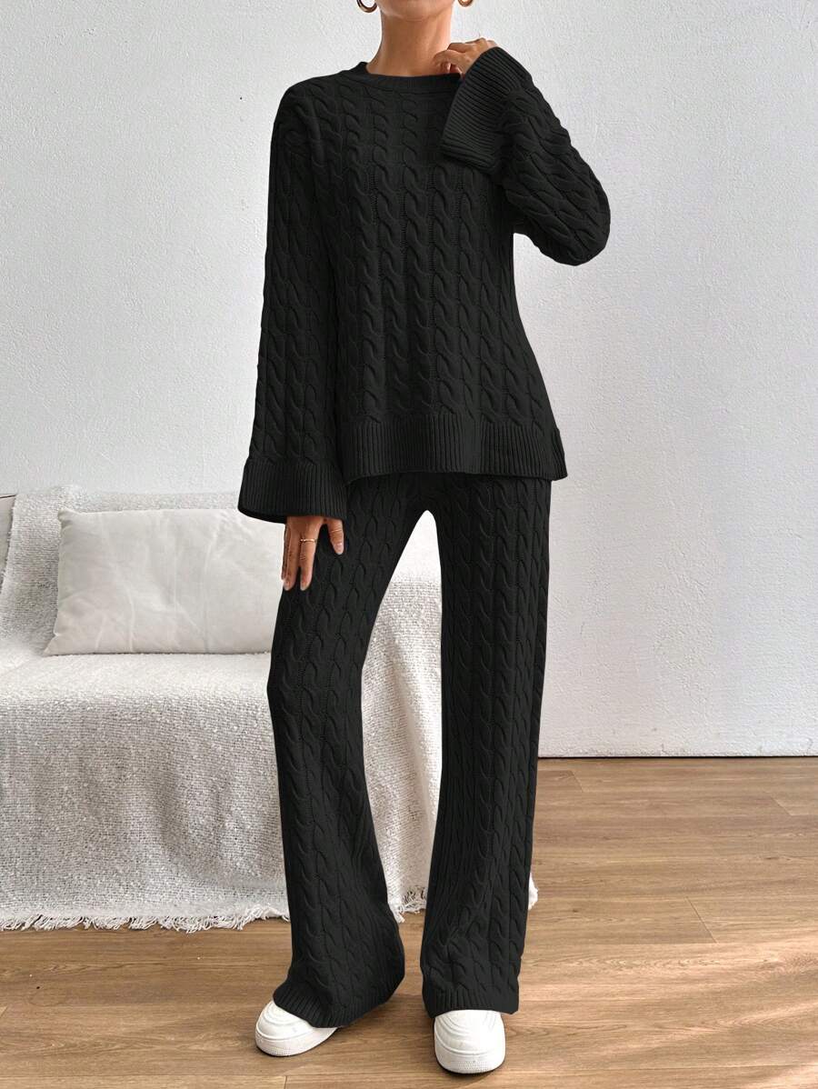 SHEIN PETITE Women's Cable Knit Drop Shoulder Sweater And Pants Two Piece Set - Black - View 1