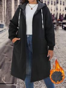 EMERY ROSE Plus Size Solid Color Drawstring Hooded Fleece Coat, Casual Wear For Autumn/Winter Fall Cloth For Women - Black - View 4
