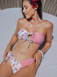 Women's 2pcs Contrast Ditsy Floral Strapless Bikini Set With Detachable Straps Summer - Pink - View 1