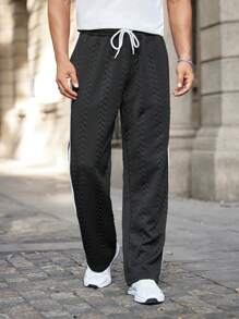 Manfinity Homme Quần nỉ nam cạp chun rút kẻ sọc hai bên, túi bên hông, dáng rộng thoải mái - màu đen - Xem 3