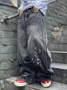 PAVTROS Manfinity Streetrush Men's Casual Street Fashionable Low Waisted Raw Edge Star Pattern Loose Wide Leg Jeans Going Out Hang Out College Vacation Street, Emo Style, Grunge - Black - View 6