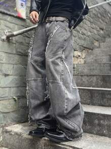 Manfinity EMRG 男士休闲水洗磨边下摆斜口袋宽松牛仔裤，纯色宽牛仔裤长款宽松酸洗工装牛仔裤，适合送给老公、男朋友的礼物 - 淺灰色 - 查看 4