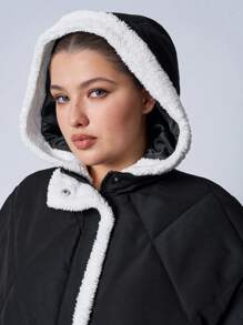 SHEIN EZwear Sudadera con capucha casual de manga larga con botones y panel frontal de piel sintética para talla grande