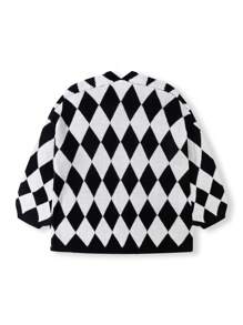 Chiquease Cárdigan casual holgado de mangas largas con patrón de rombos para mujer, otoño/invierno - Blanco y Negro - Ver 2